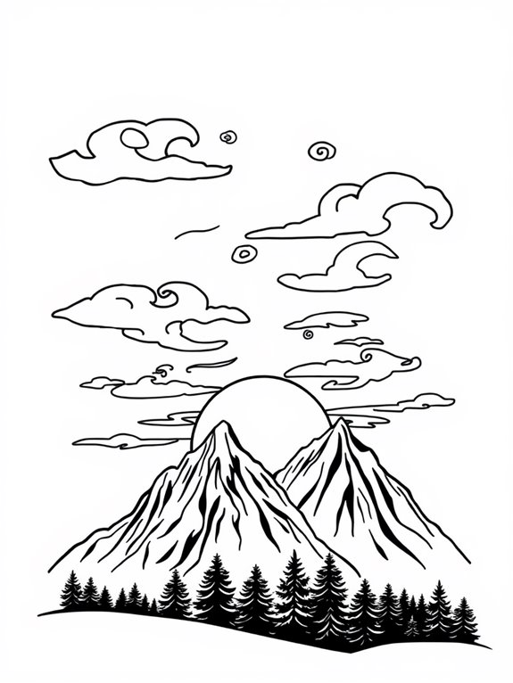 mountain sunset coloring page