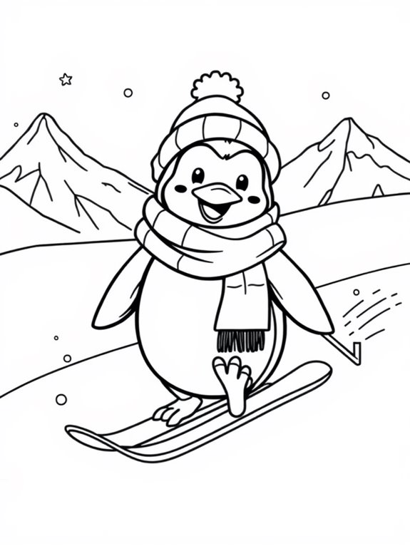penguin skiing coloring page
