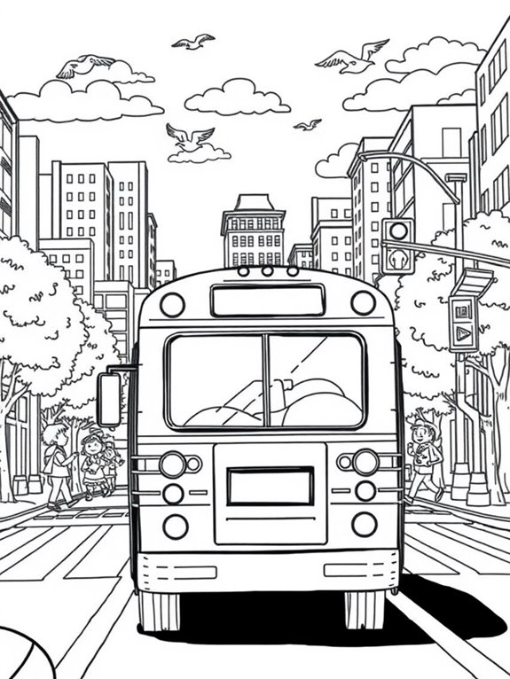 school bus city scene