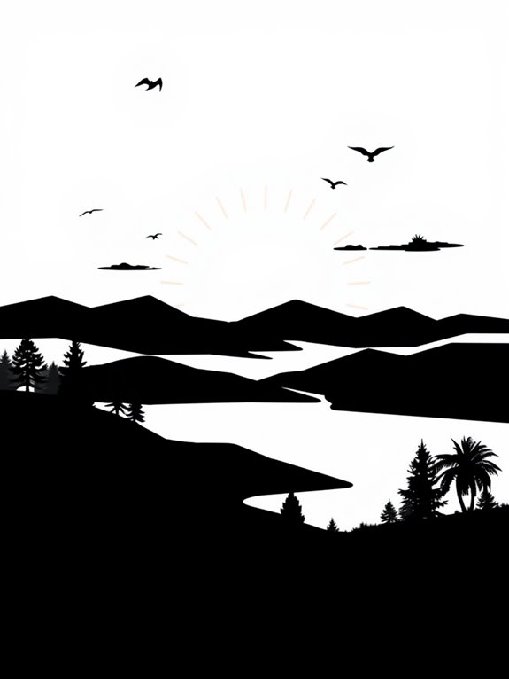 sunset silhouette coloring activity