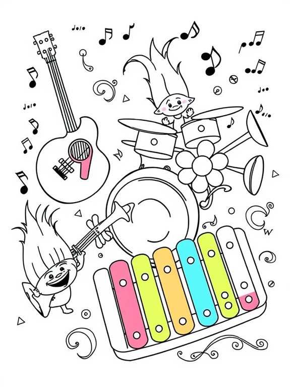 trolls musical instruments coloring page