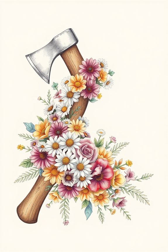 axe and flowers artwork