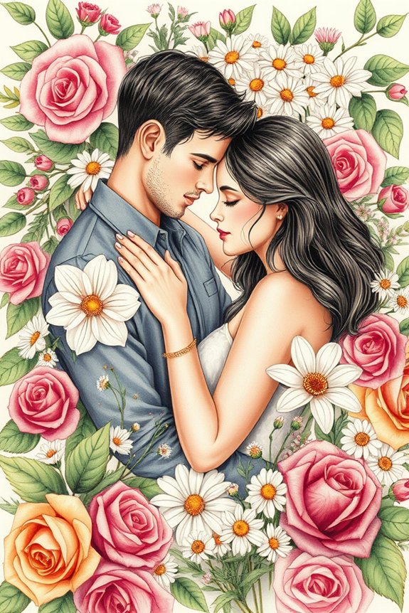 couple embracing with flowers