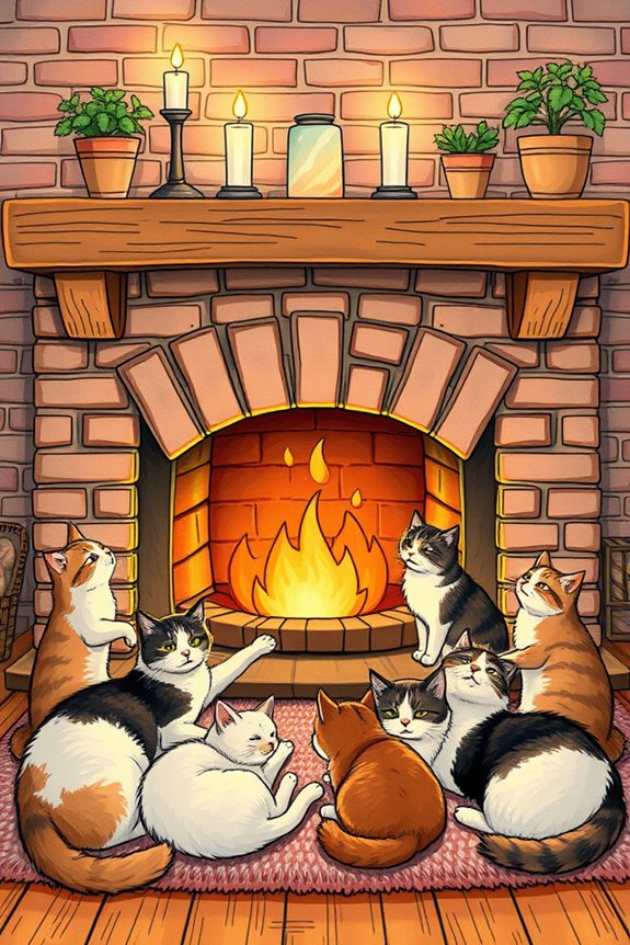 cozy fireplace playful cats