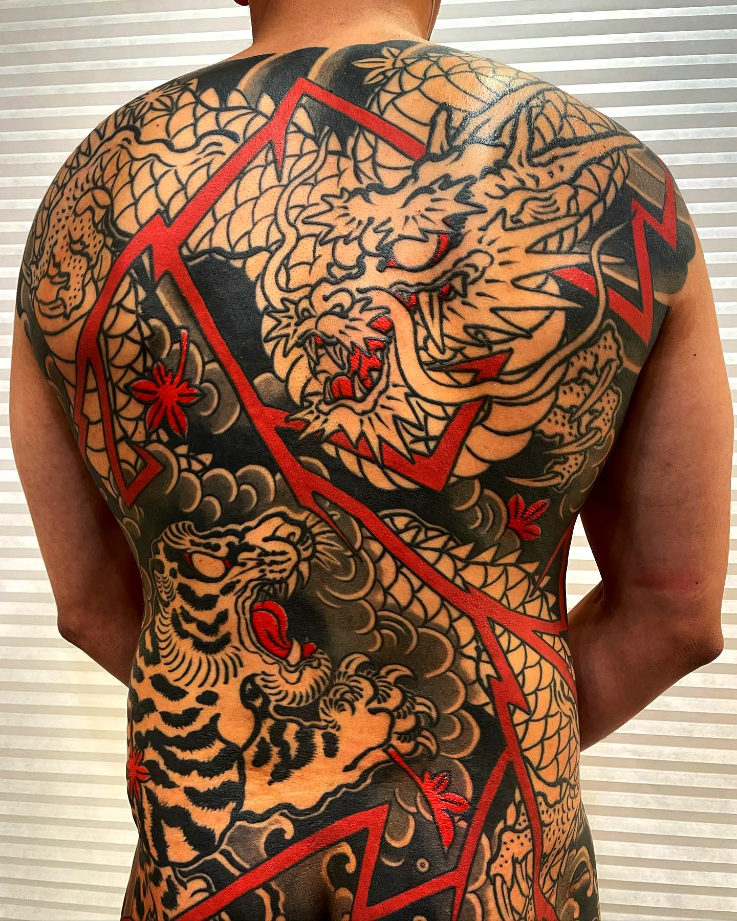 Dramatic black and red tiger and dragon back tattoo in traditional Japanese style