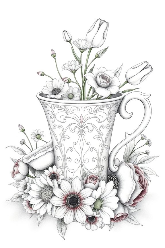 elegant floral cup drawing