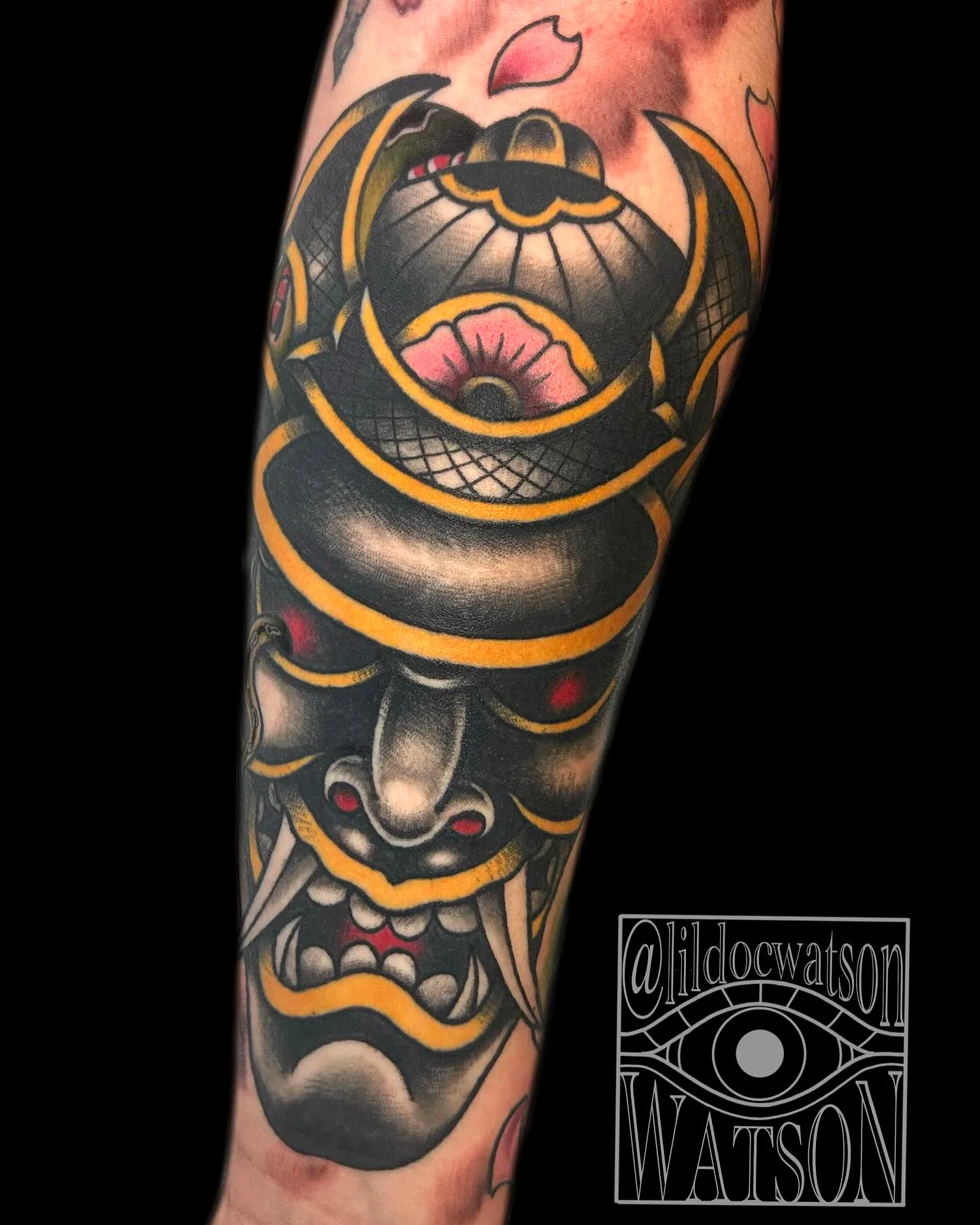 Fierce Samurai Mask Forearm Tattoo with Vibrant Accents