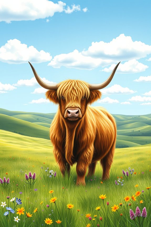 highland cow meadow drawing