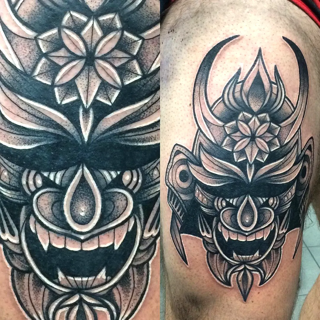 Intricate Samurai Mask Tattoo Design on Upper Arms