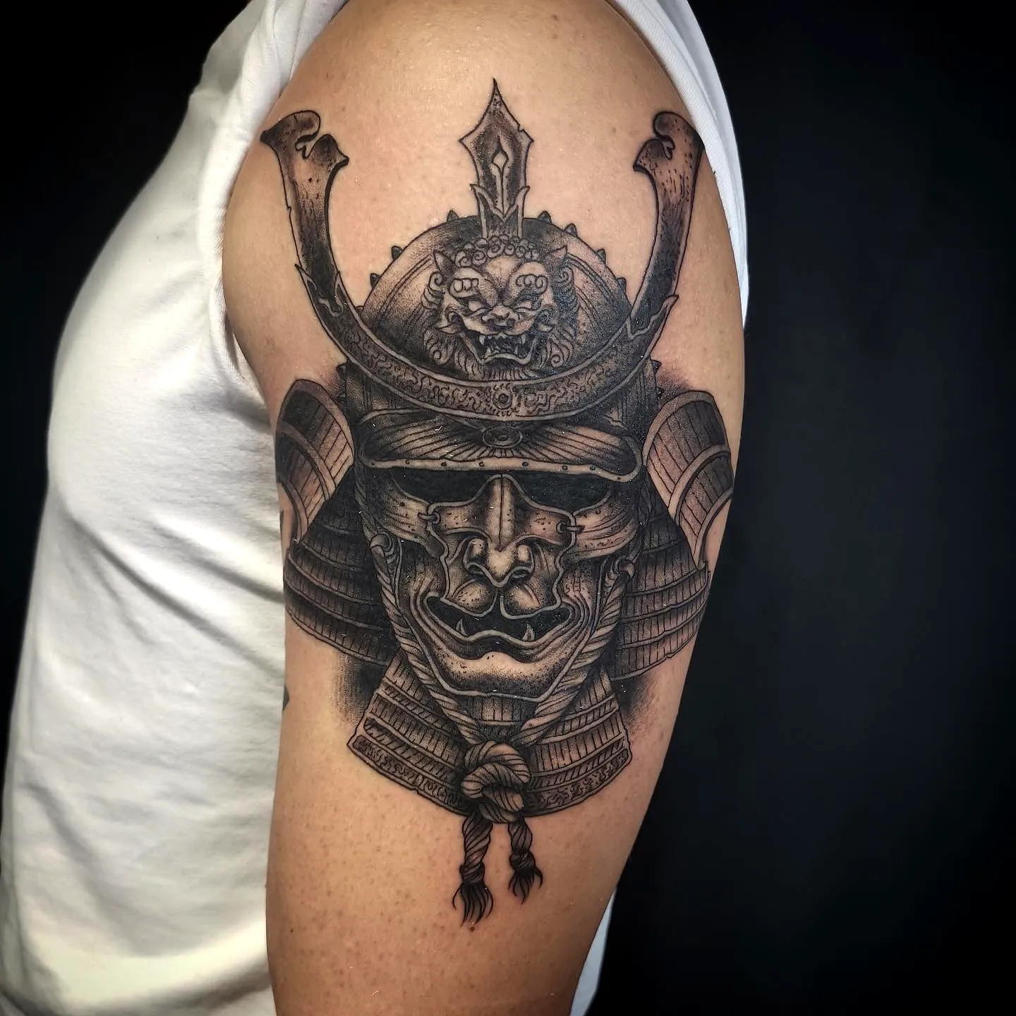 Intricate Samurai Mask Upper Arm Tattoo