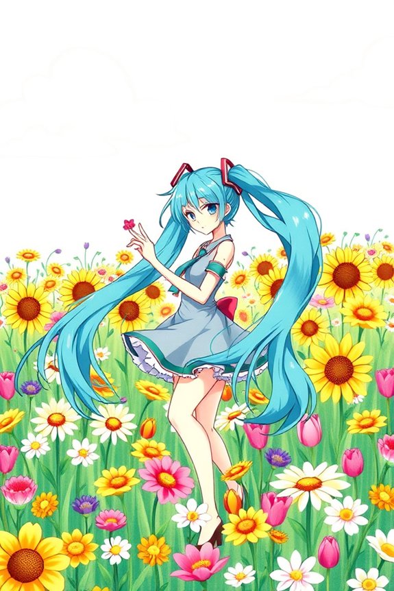 miku amidst vibrant flowers