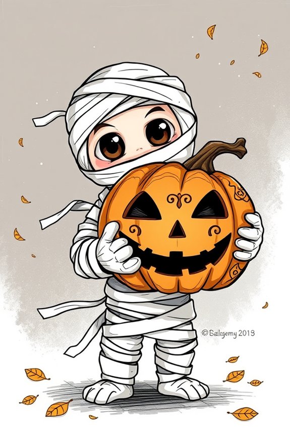mummy holding glowing pumpkin