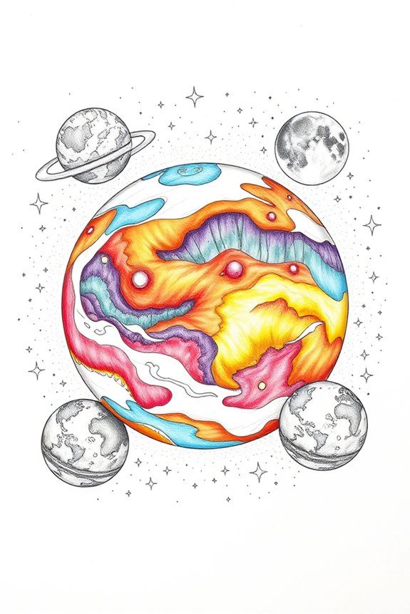 orbiting moons planet drawing