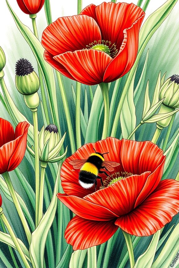 poppy flower bumblebee drawing