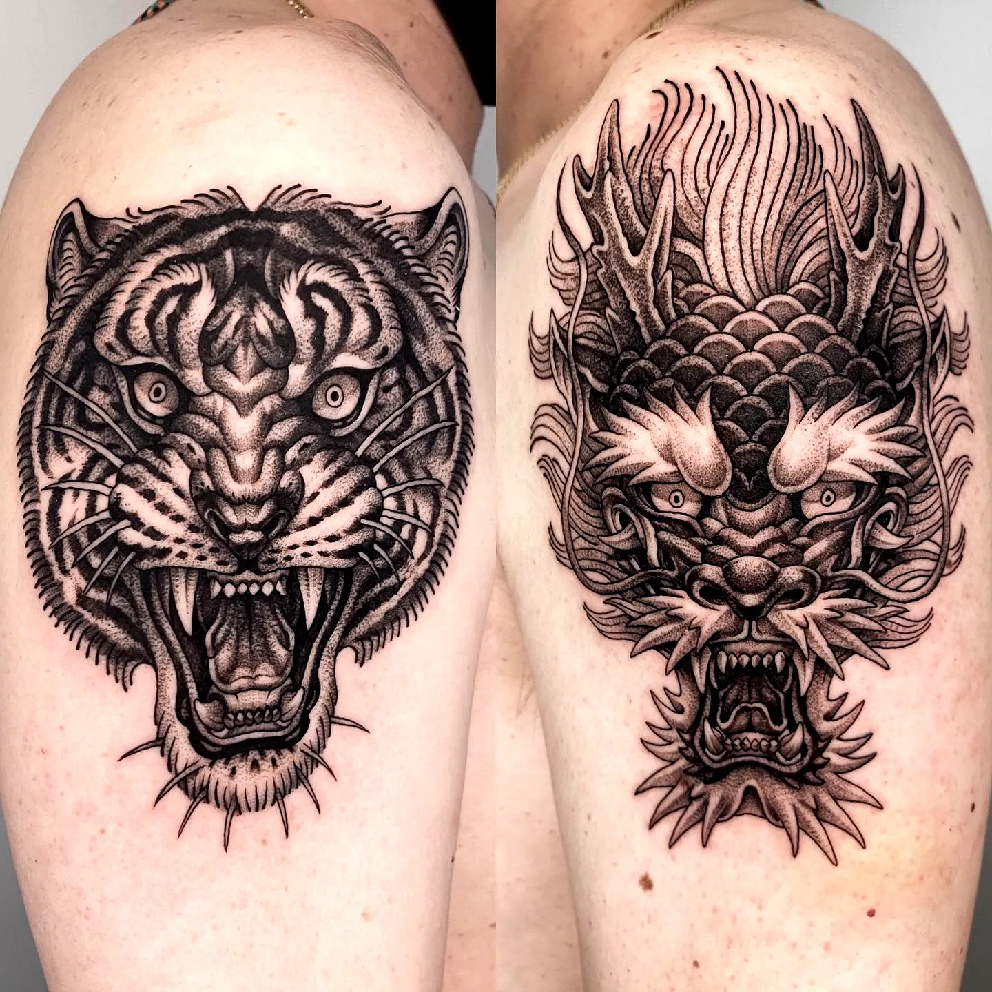 Realistic tiger and dragon tattoo on upper arms