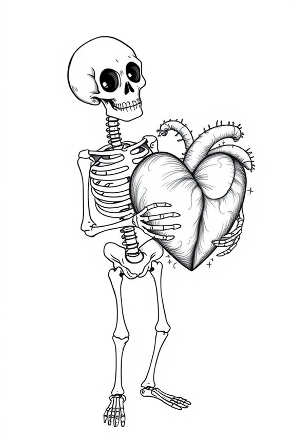 skeleton holding heart drawing