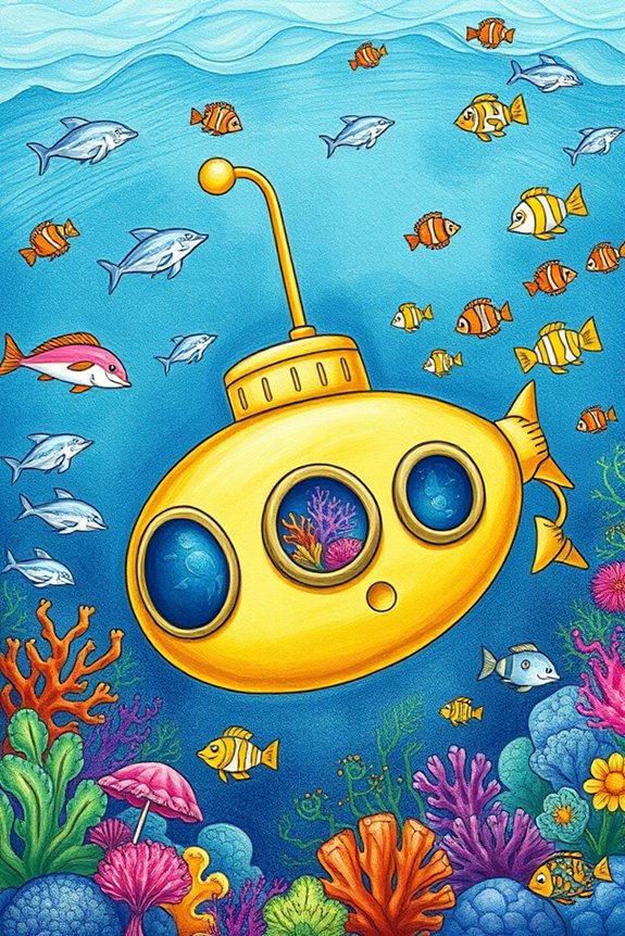 submarine surrounded by sea creatures