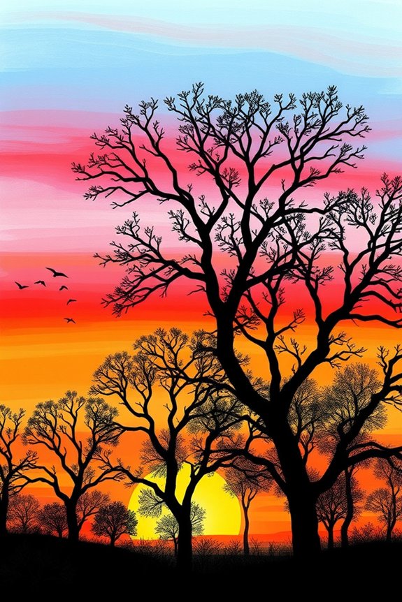 sunrise silhouette tree drawing