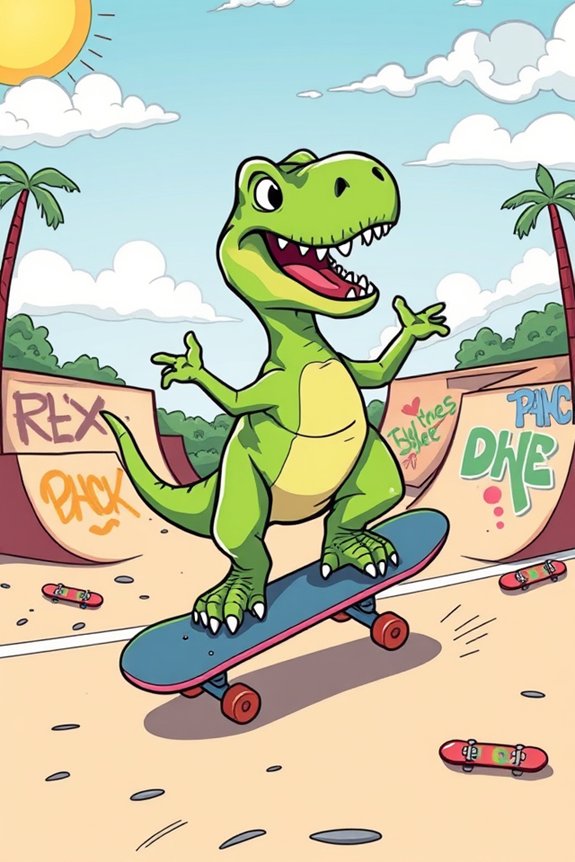 t rex skateboarding humor artwork