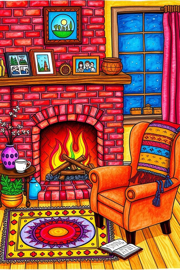 vibrant colorful fireplace drawing