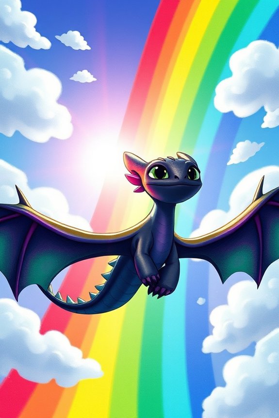 vibrant toothless under rainbow