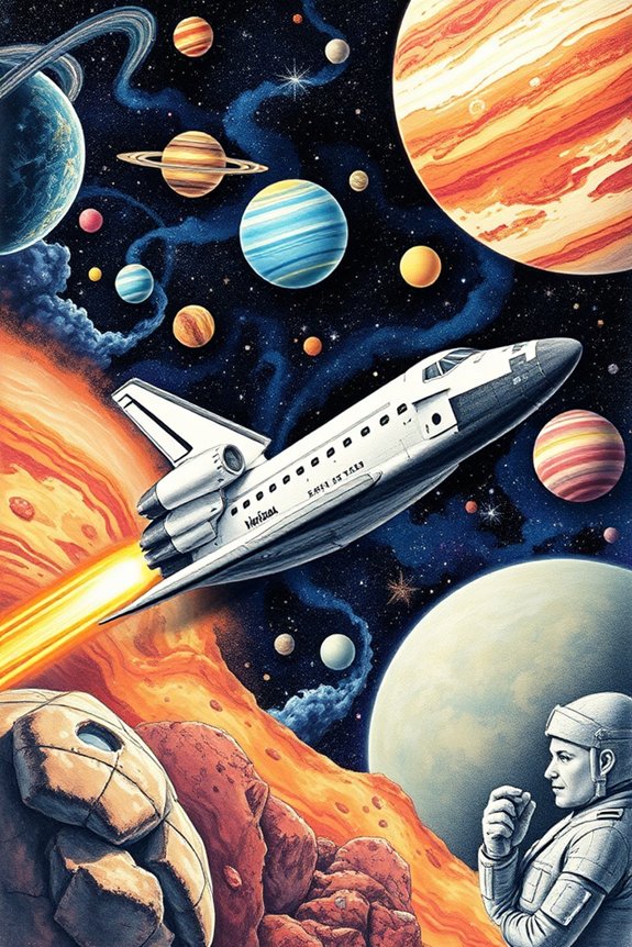 vintage spaceship with planets