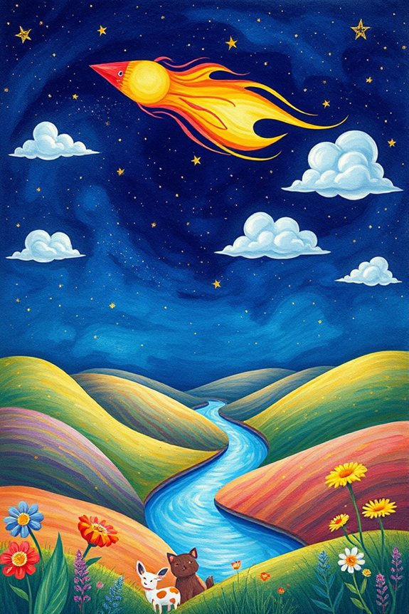 whimsical comet landscape drawing