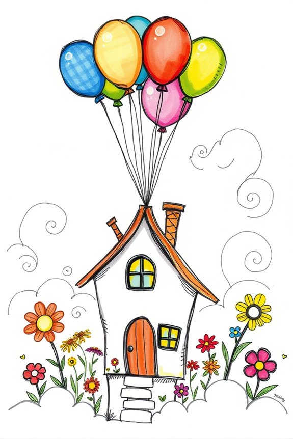 whimsical house with balloons