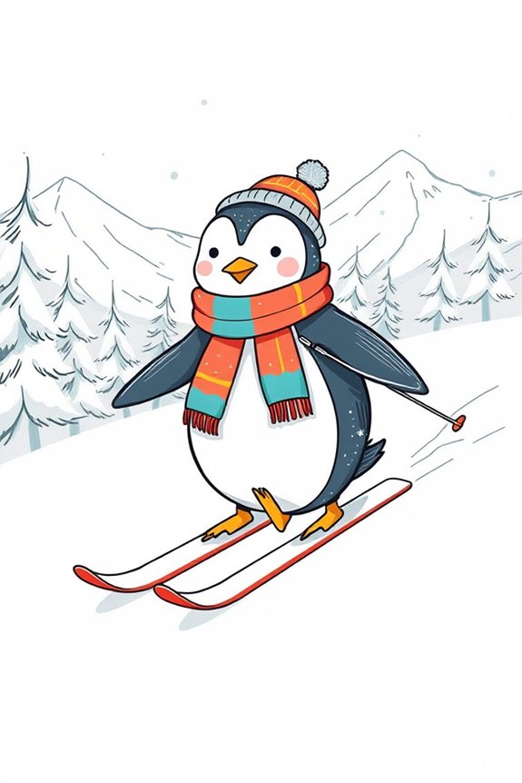 whimsical skiing penguin sketch