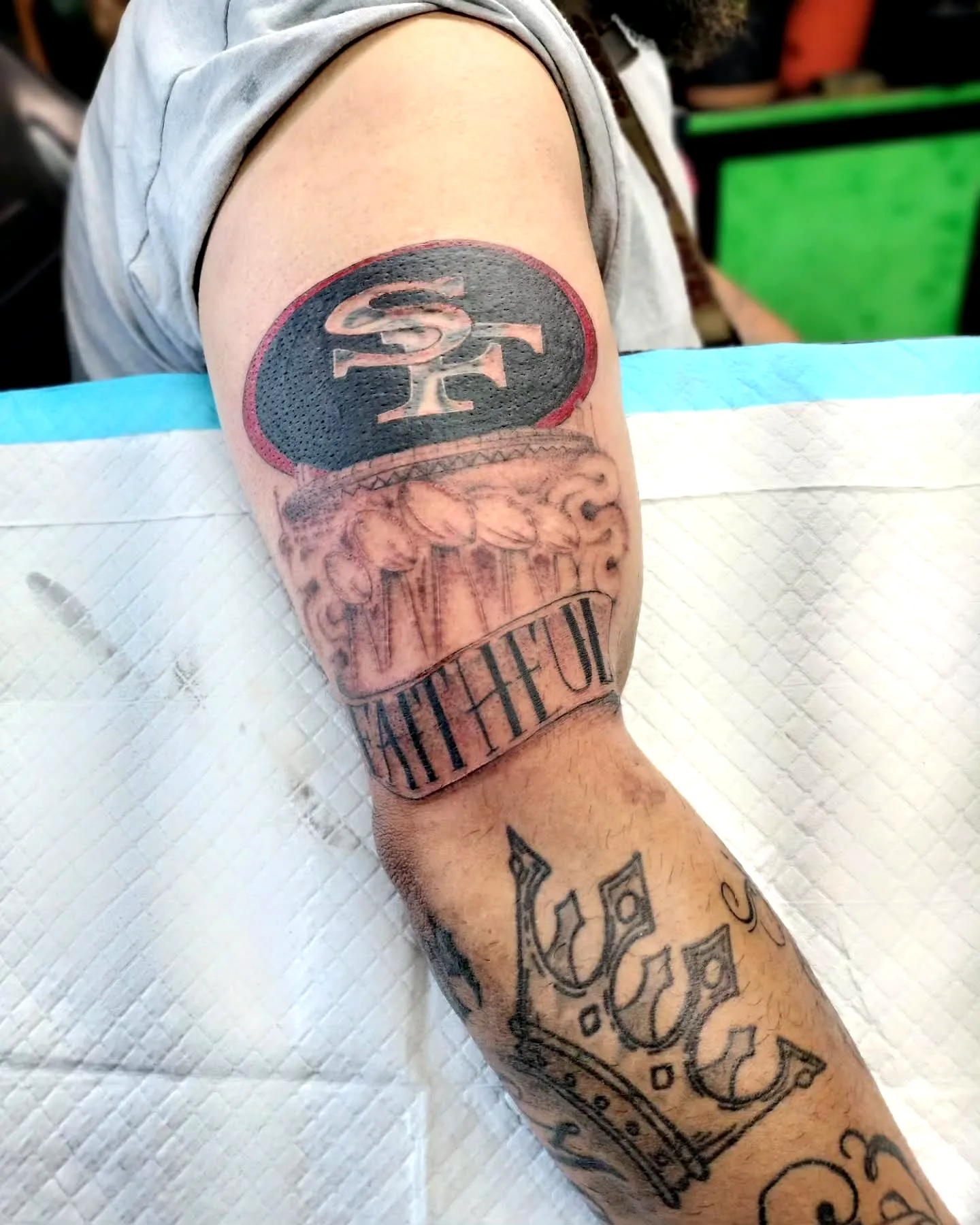 49ers Arm Tattoo with Beer Mug Design