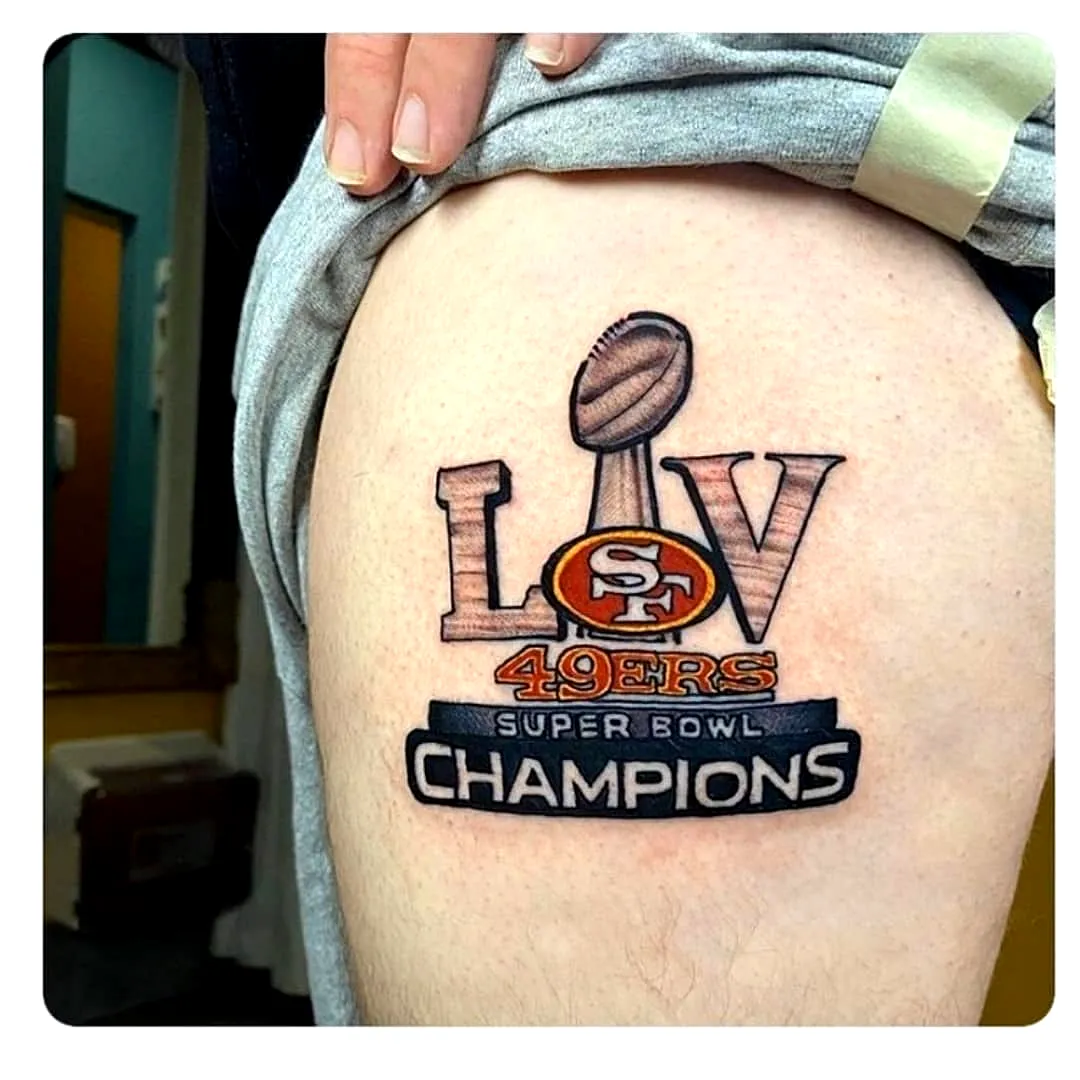 49ers Thigh Tattoo with Trophy Text