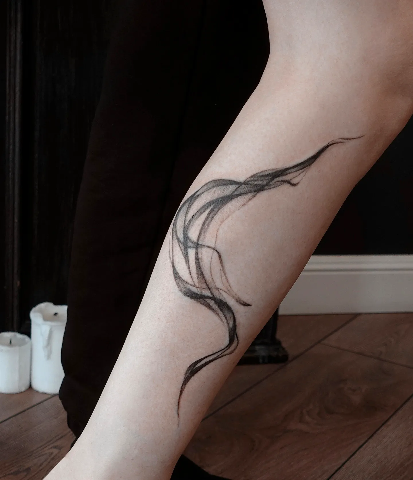 Abstract Gray Wave Calf Tattoo