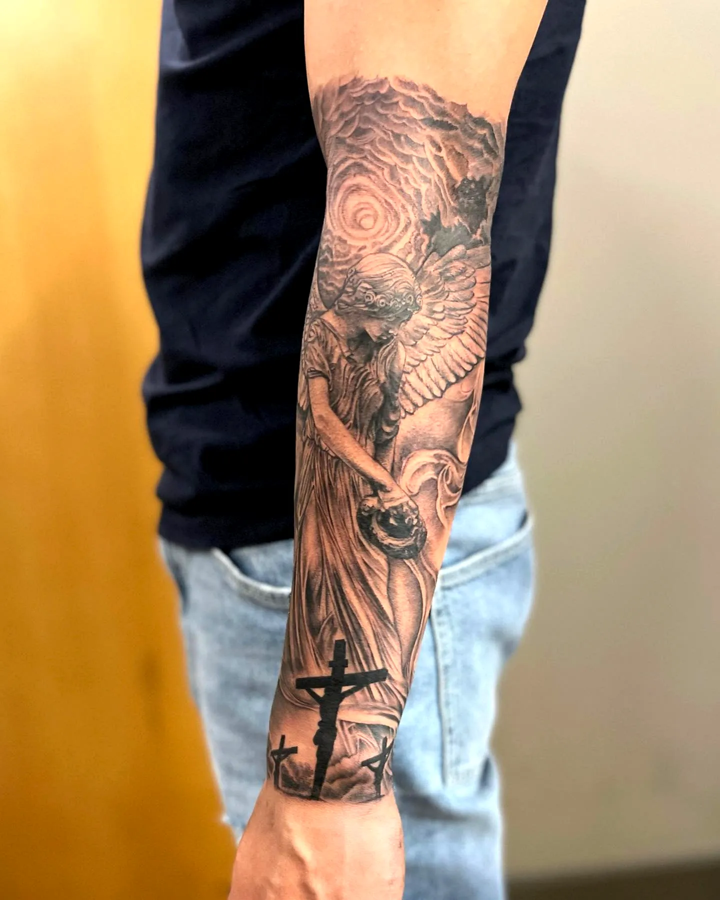 Angel Sword Forearm Tattoo in Grayscale