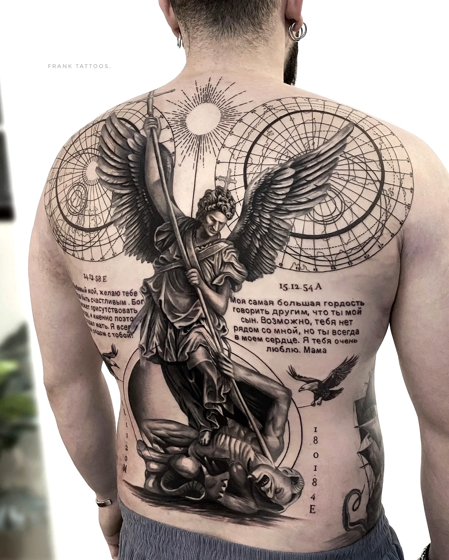 Angel Upper Back Tattoo with Geometric Patterns
