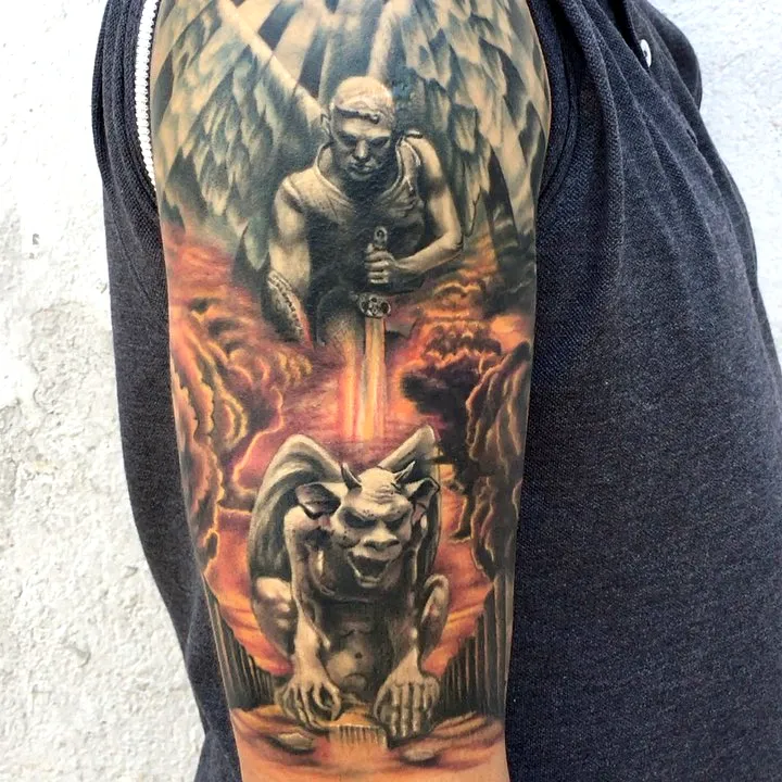 Angelic Gargoyle Arm Tattoo Design