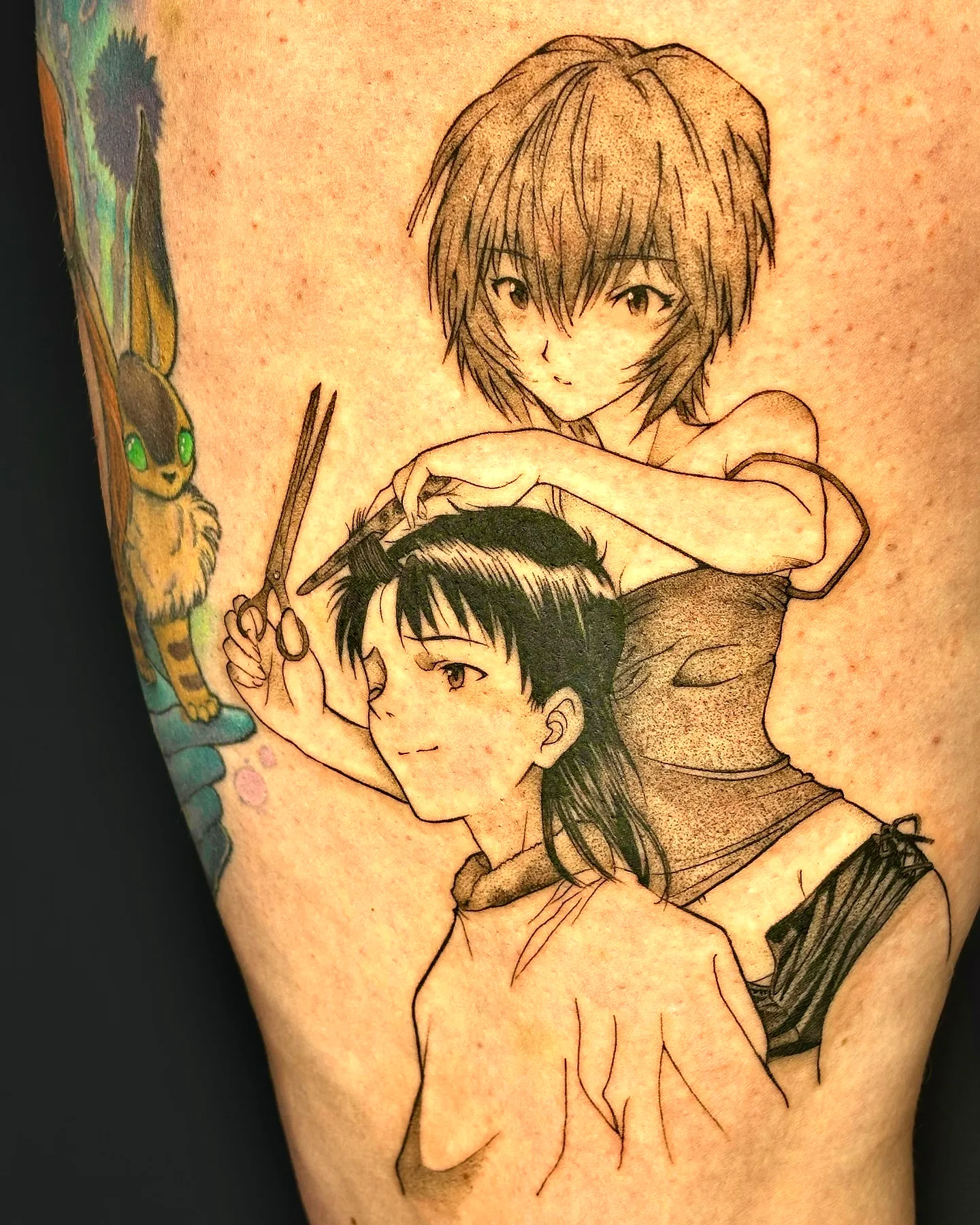 Anime Haircut Thigh Tattoo