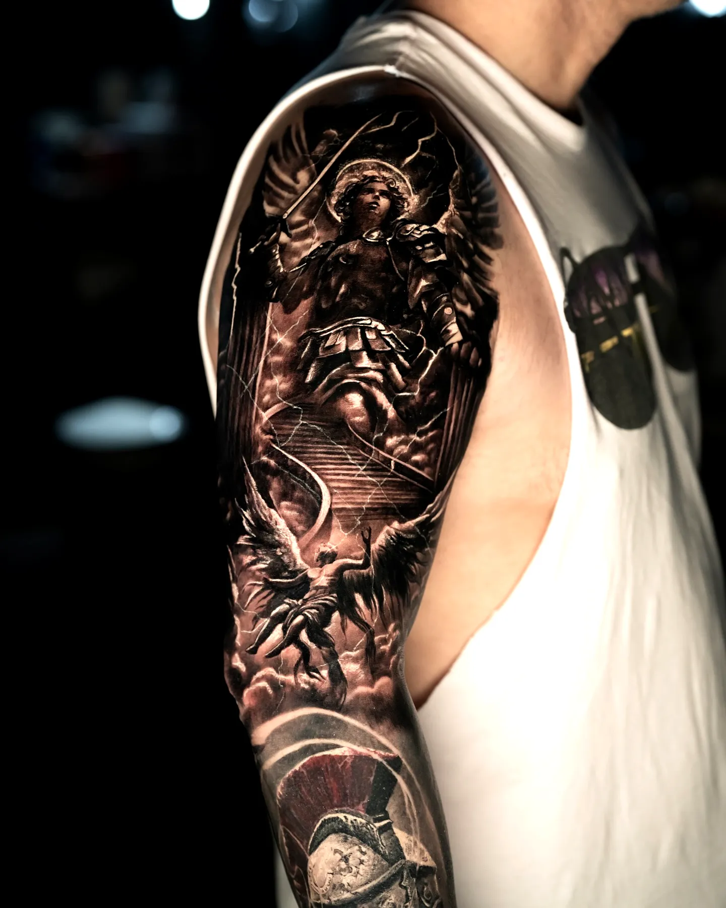 Armored Angel Sleeve Tattoo in Black and Gray