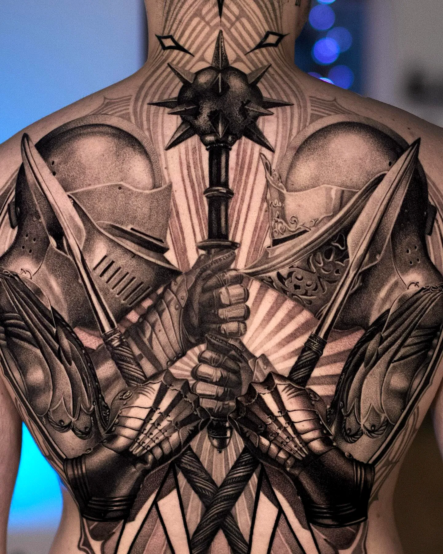 Armored Knight Upper Back Tattoo