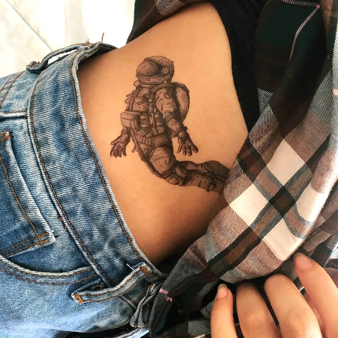 Astronaut Side Torso Tattoo in Black Gray