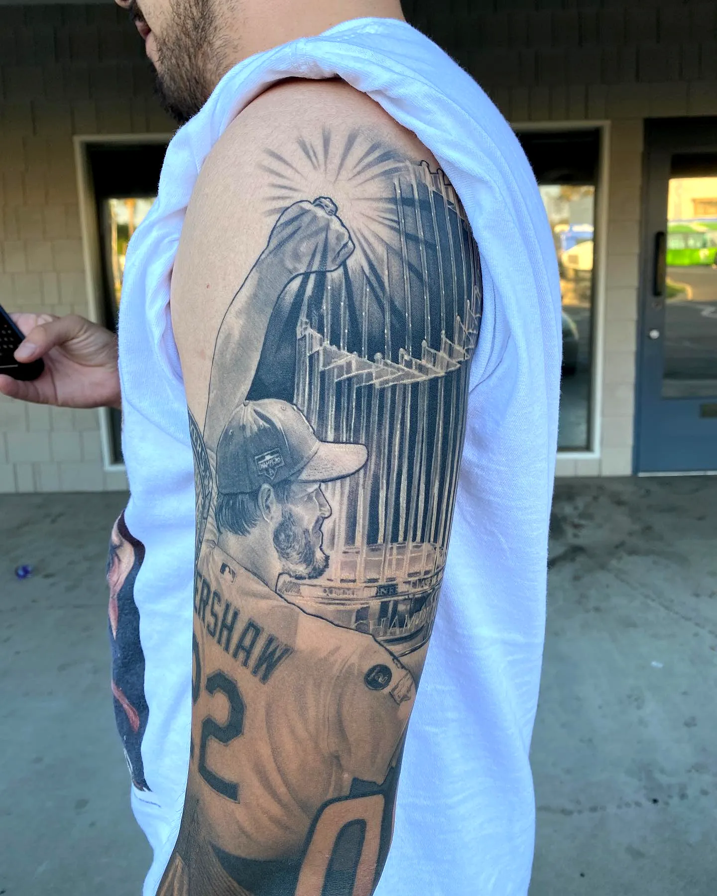 Baseball Player Arm Tattoo in Gray Scale