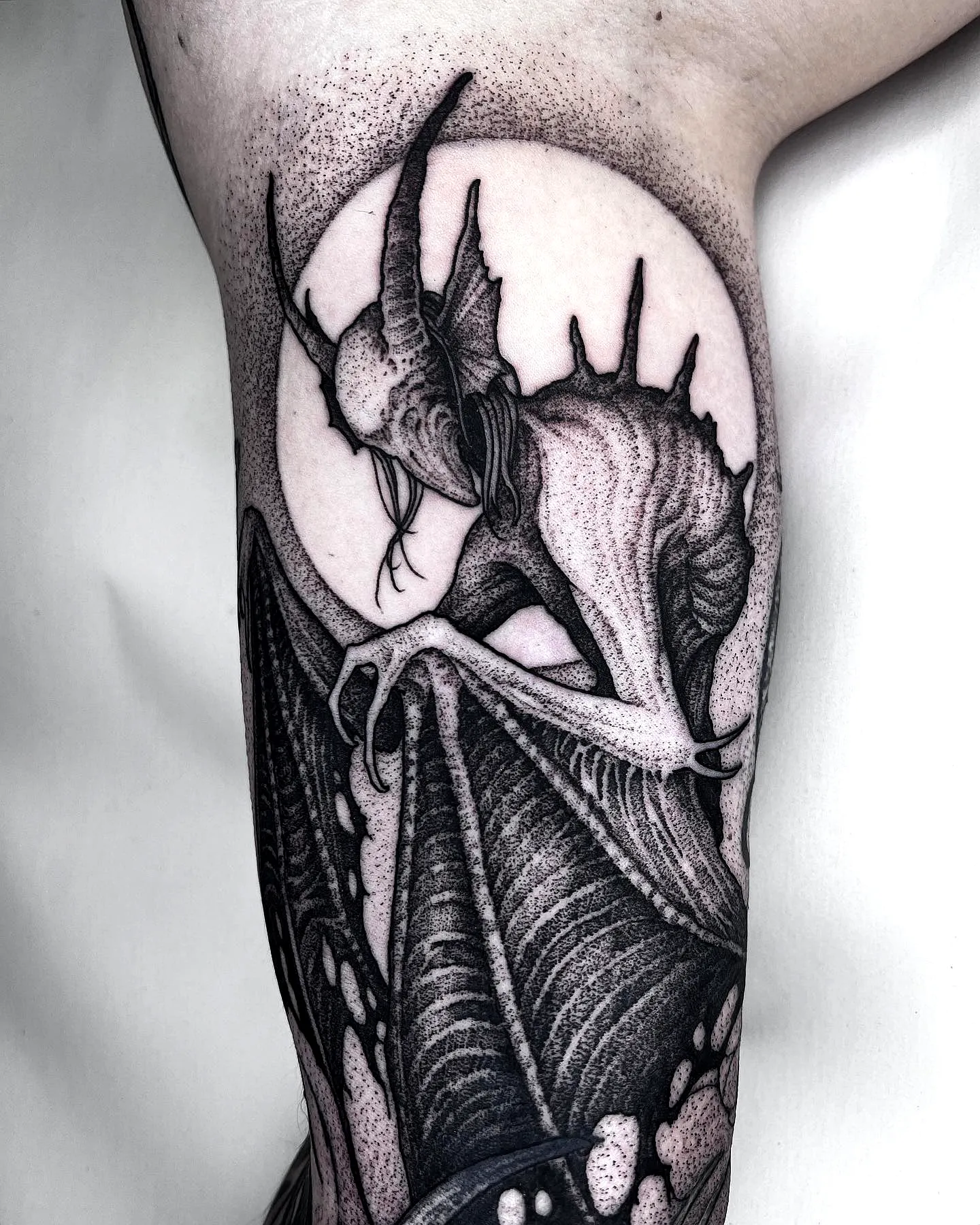 Bat Demon Arm Tattoo in Black and Gray