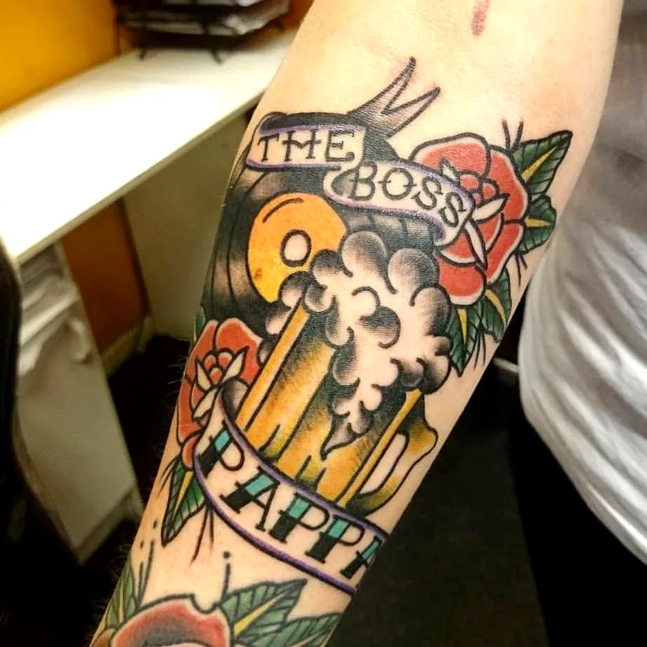 Beer Mug Forearm Tattoo with Roses