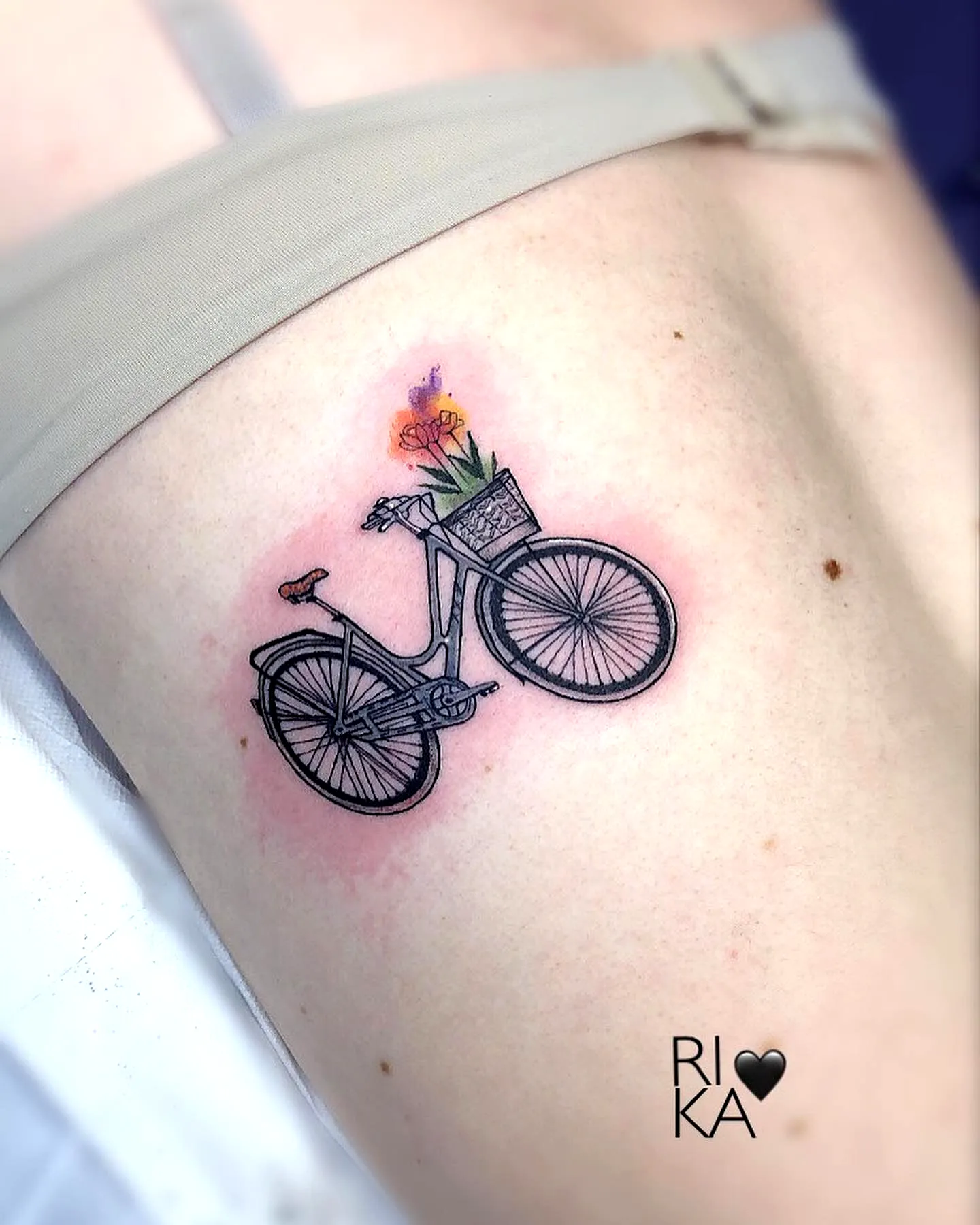 Bicycle Thigh Tattoo with Flowers