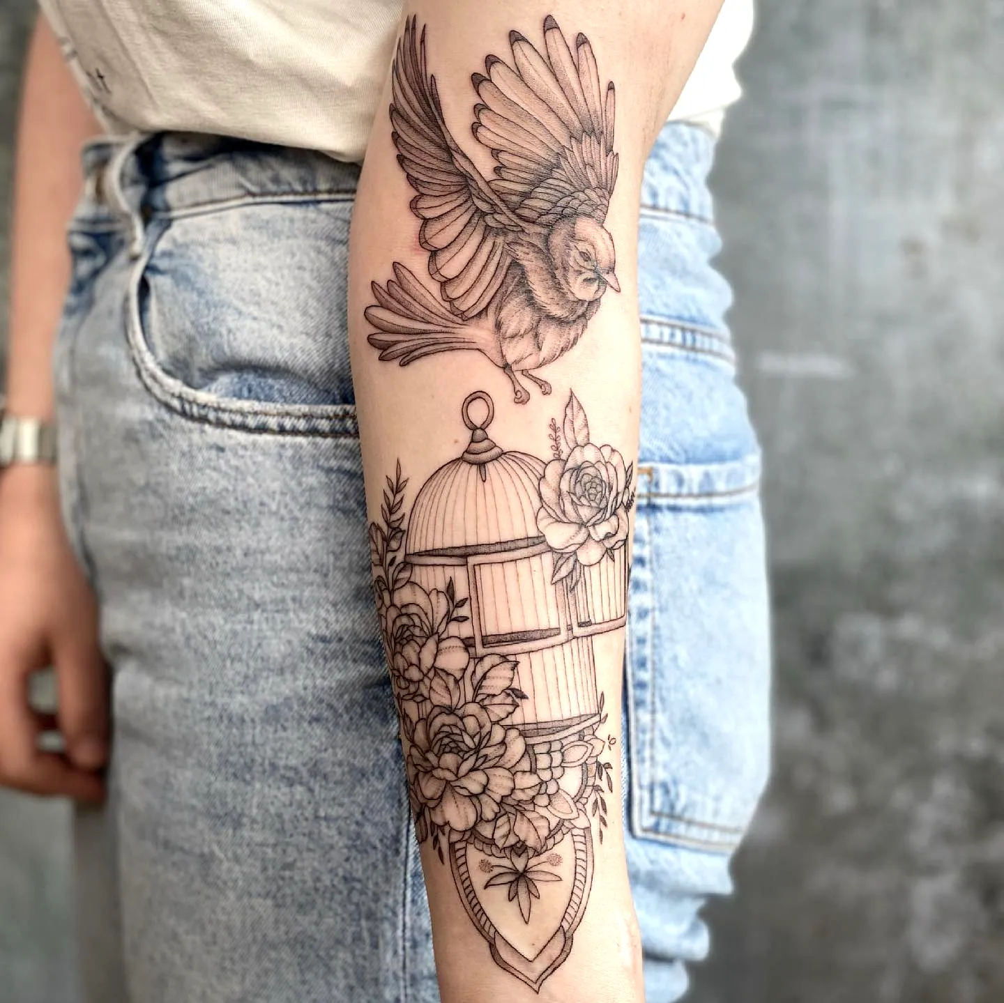 Bird in Flight Lantern Arm Tattoo