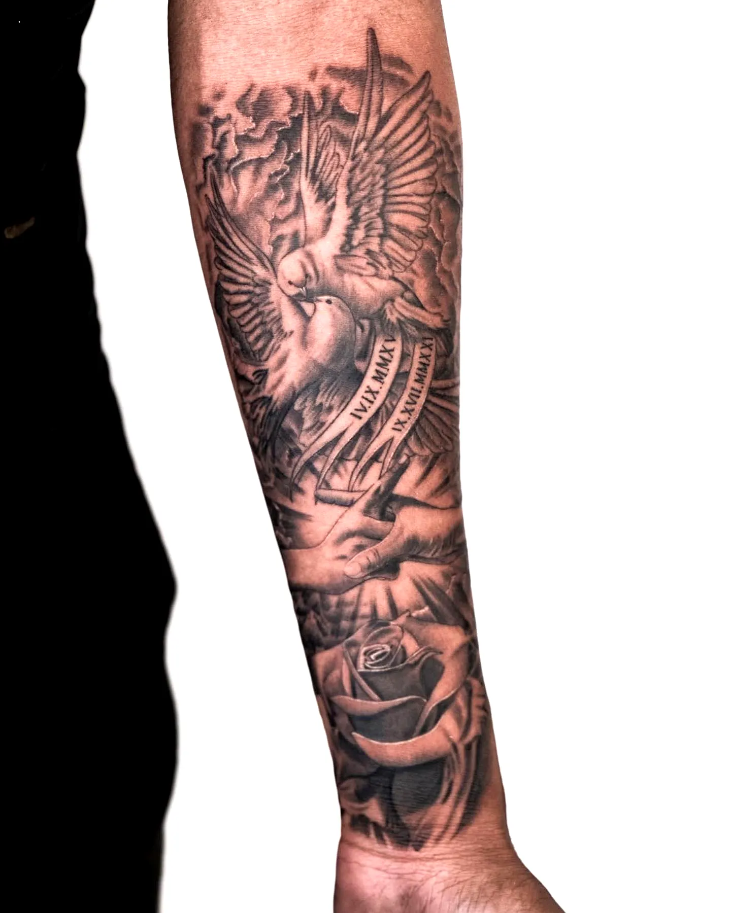 Bird Sleeve Tattoo with Clouds and Banner