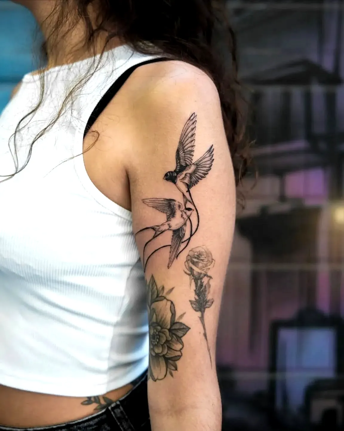 Bird Tattoos on Upper Arm with Flowers