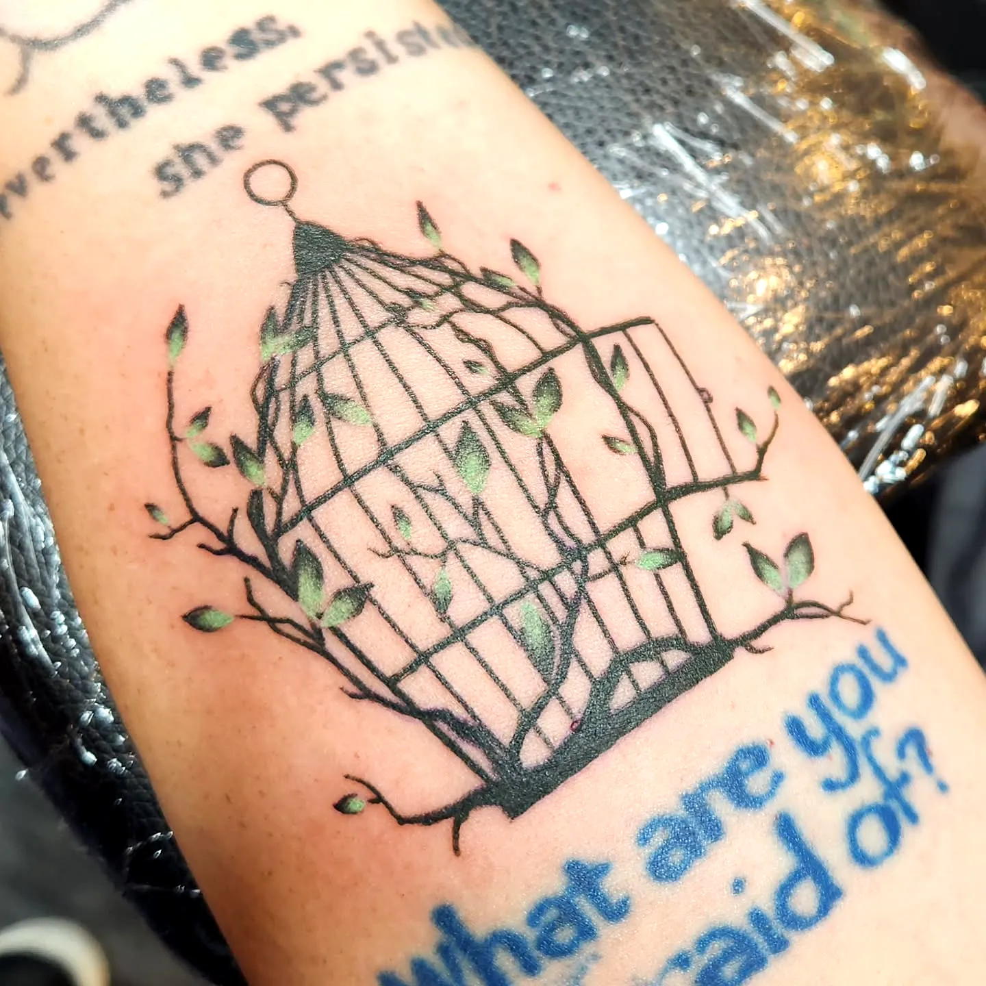 Birdcage Forearm Tattoo with Green Leaves