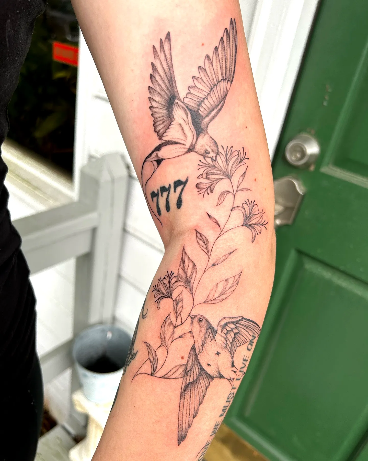 Birds Floral Arm Tattoo in Black Ink