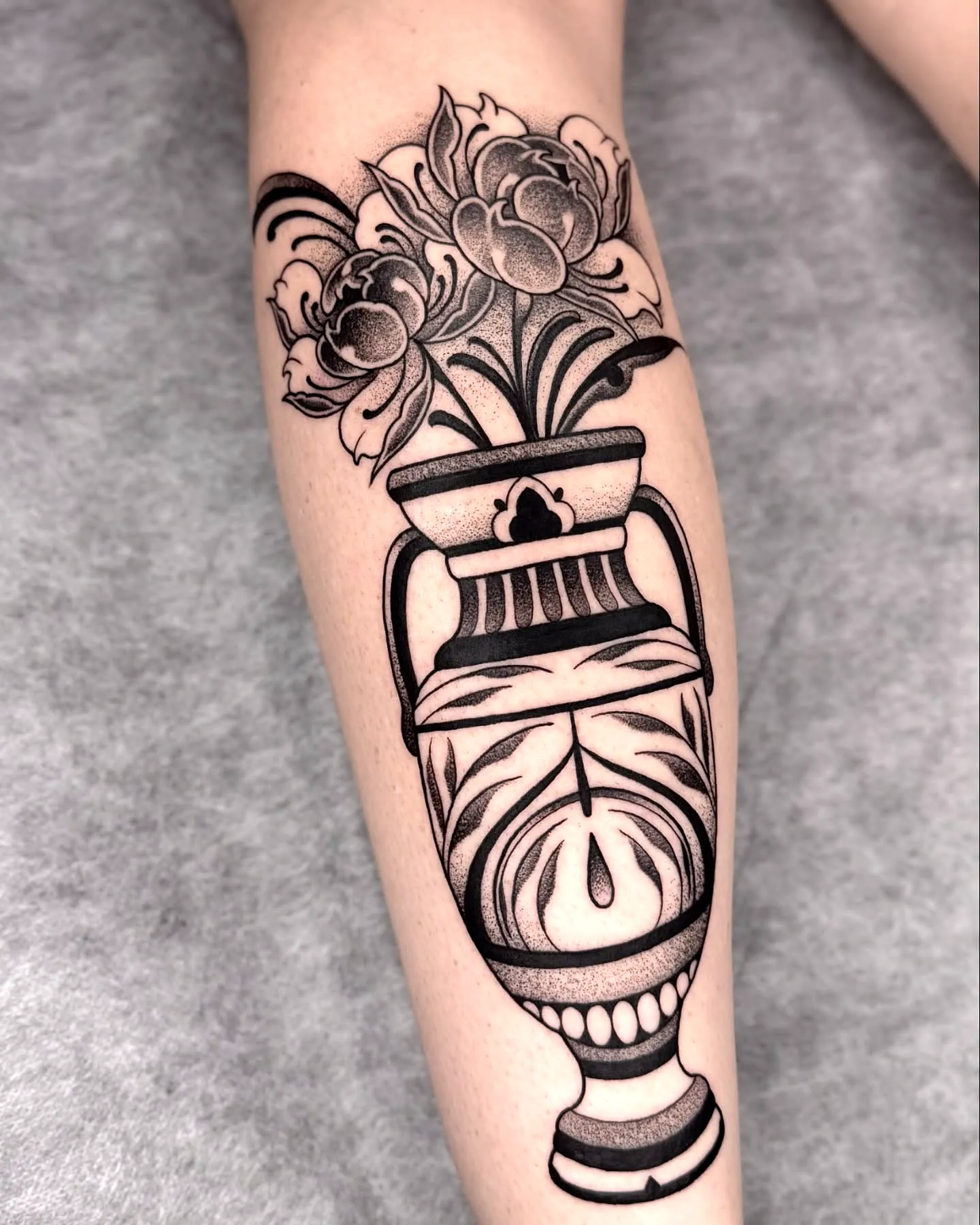 Black and Gray Vase Forearm Tattoo