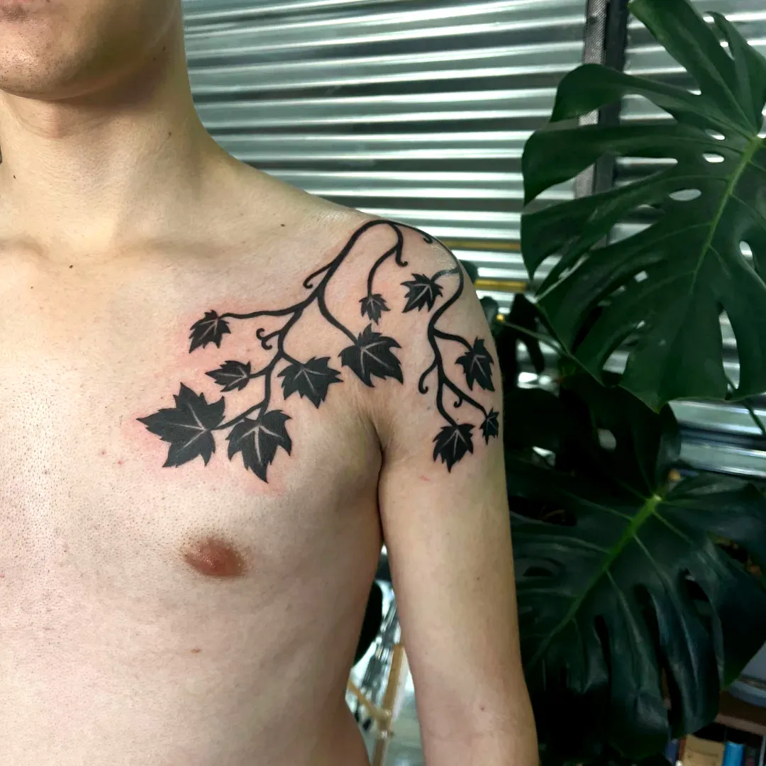 Black Ivy Vines Shoulder Tattoo